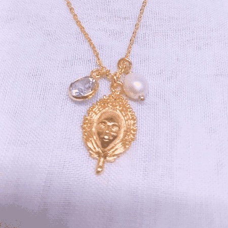 Nino Face with Pearl and cz pendant necklace, Brass 22k gold plated, Handmade jewelry